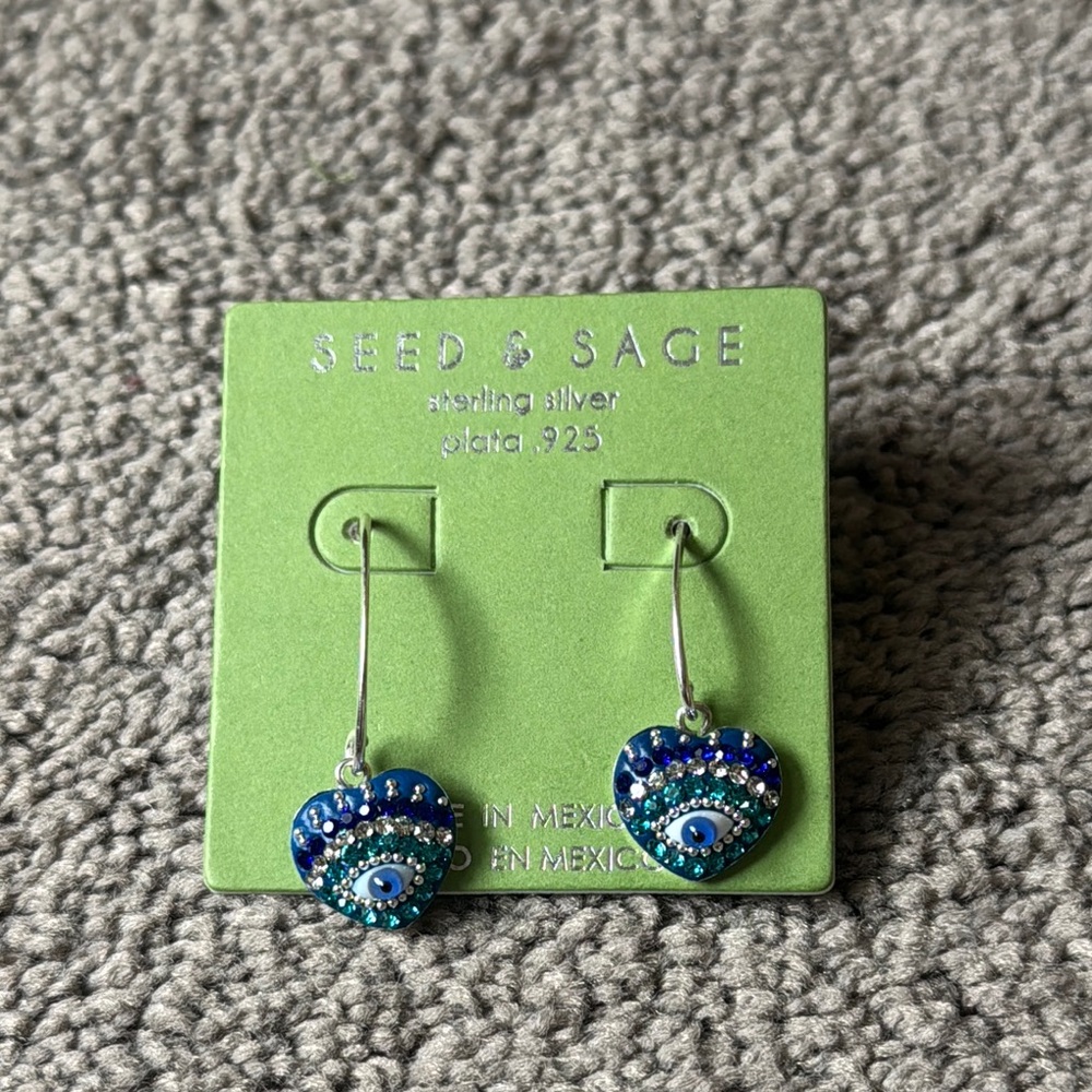 Seed & Sage 925 Sterling Silver Evil Eye Heart Drop Earrings Blue Made in Mexico